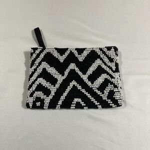 Chico's Beaded Clutch Purse Geometric Black White Small Zipper Pouch Wristlet